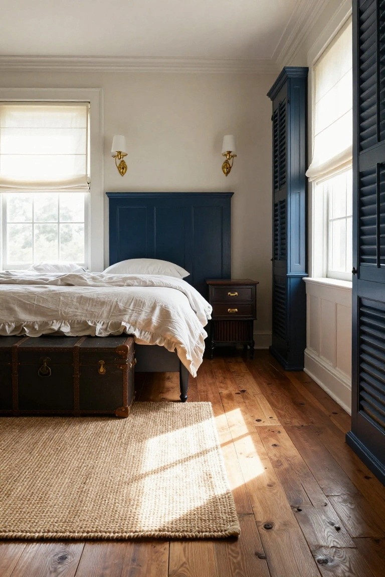 Colonial bedroom with navy blue paneled headboard, white ruffled bedding on king bed, leather trunk at foot, wood nightstand, blue shutters on two windows with roman shades, white walls, and wide-plank knotty hardwood floors partially covered by beige jute rug.