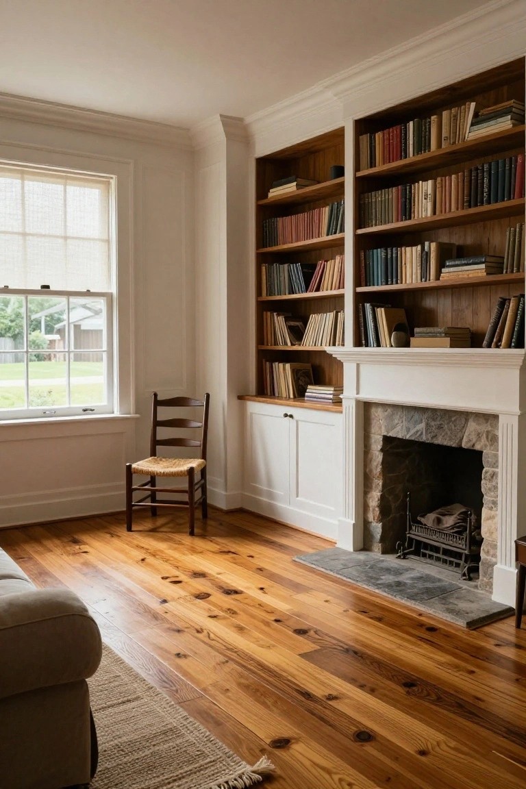 Interior of a colonial-style room featuring tall wooden bookshelves filled with books, a stone fireplace with a fireguard, a wooden ladder-back chair, wide-plank knotty pine floors, a beige sofa corner, and a large window with sheer shades overlooking a green yard.