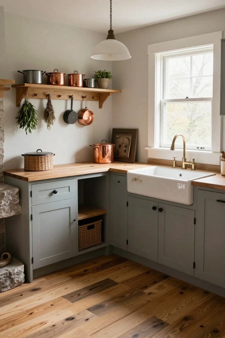 Corner view of a kitchen with light gray cabinets, oak butcher-block countertop, white farmhouse sink with brass faucet, copper pots hanging from an oak shelf, potted herbs, and wide-plank knotty oak hardwood flooring.