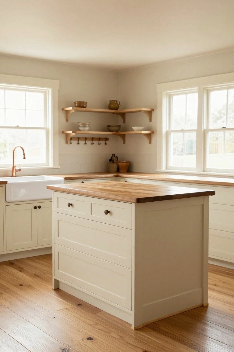 Corner view of a colonial kitchen with cream cabinets, wood-topped island, white farmhouse sink, brass faucet, open wood shelves with pottery, and wide-plank knotty hardwood flooring.