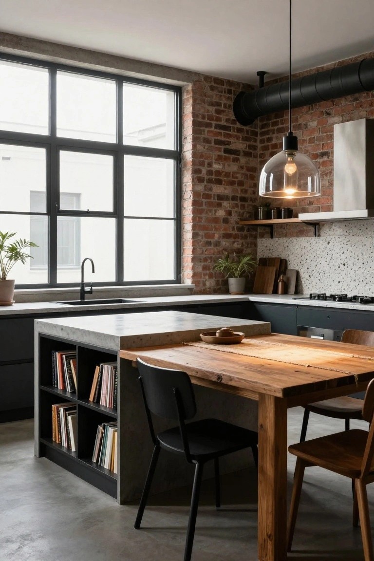 Modern kitchen interior with exposed brick accent wall, concrete countertop island featuring built-in bookshelves, dark cabinets, wooden dining table with mixed chairs, gas cooktop, and large black-framed windows.