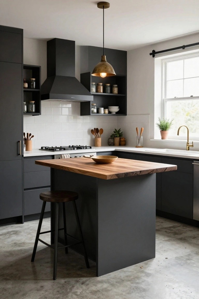 Dark Cabinets with a Wood Island