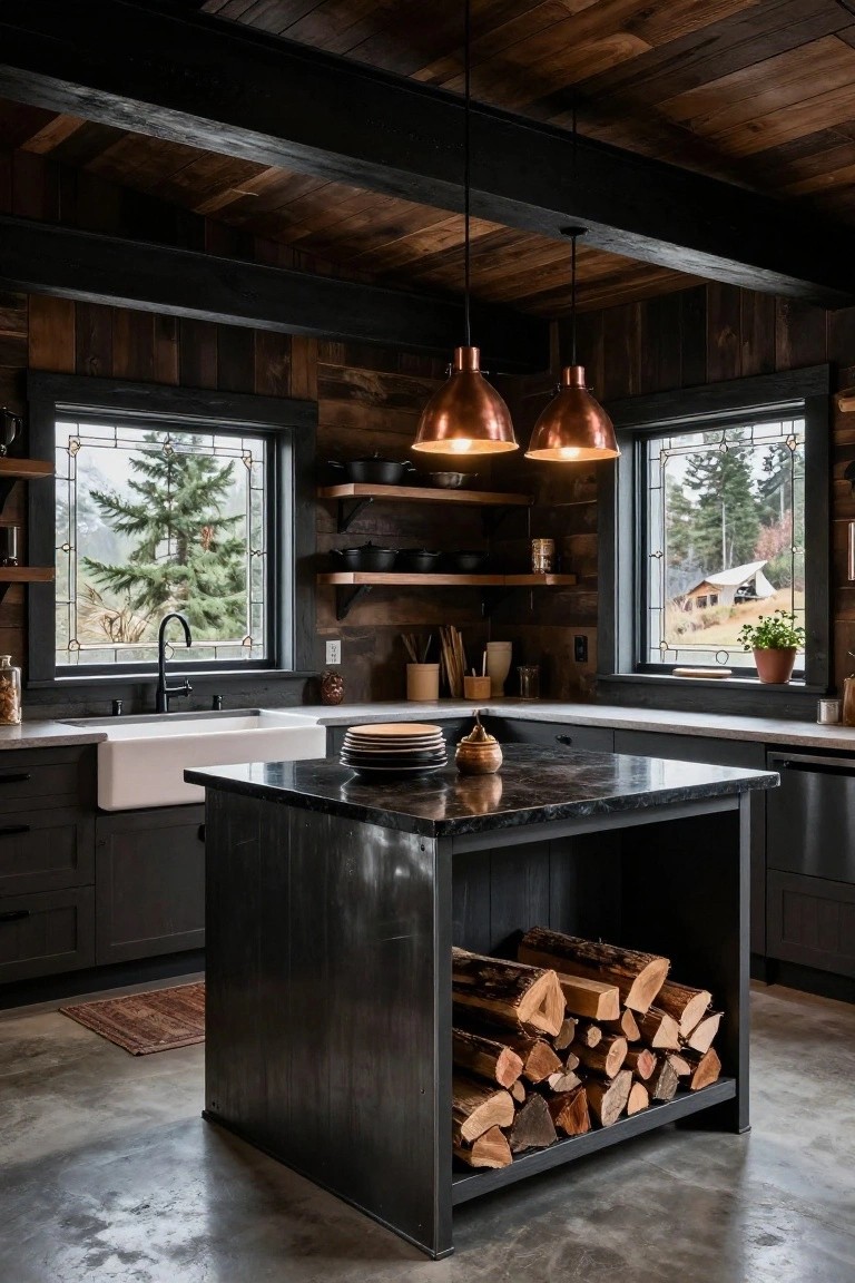 Dark wood-paneled kitchen with black soapstone island storing stacked firewood in its base, copper pendant lights, white farmhouse sink, open shelves, and leaded windows showing pine trees and mountains outside.