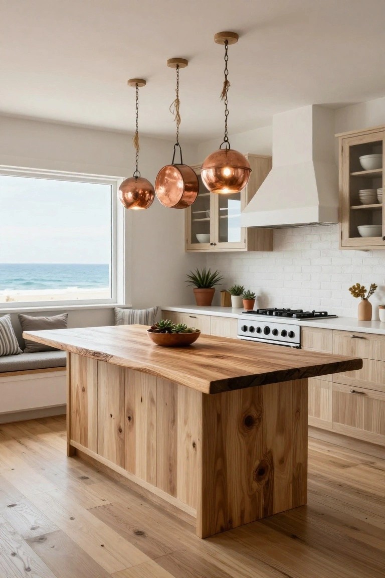 Modern kitchen with blonde wood cabinets, white subway tile backsplash, large live-edge wooden island with bench seating, three copper pendant lights, plants, and window with ocean view.