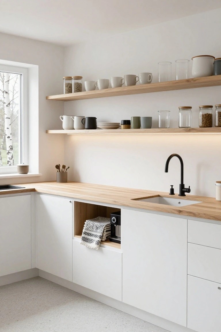 Modern corner kitchen with white flat-panel cabinets, light oak open shelves holding ceramics and glass jars, oak countertop and integrated sink with black faucet, utensil holder on counter.