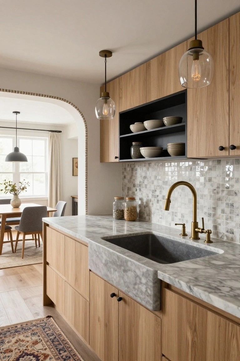 Kitchen with light oak cabinets, gray veined marble countertop and apron-front sink, gold gooseneck faucet, white mosaic tile backsplash, open shelves with bowls and jars, and arched doorway to dining room with wood table and chairs.