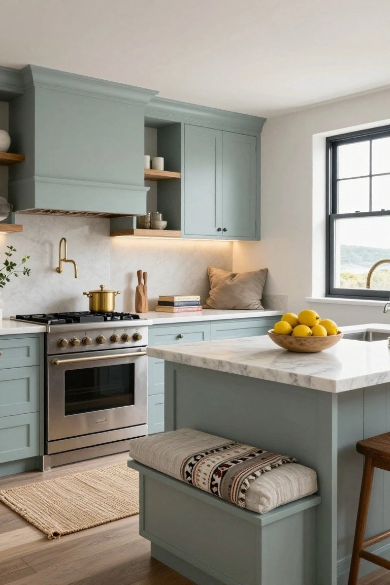 Kitchen interior with sage green cabinets, white marble countertops and island, built-in banquette seating with patterned cushion, wooden stool, stainless steel range, brass faucet, and window with landscape view.