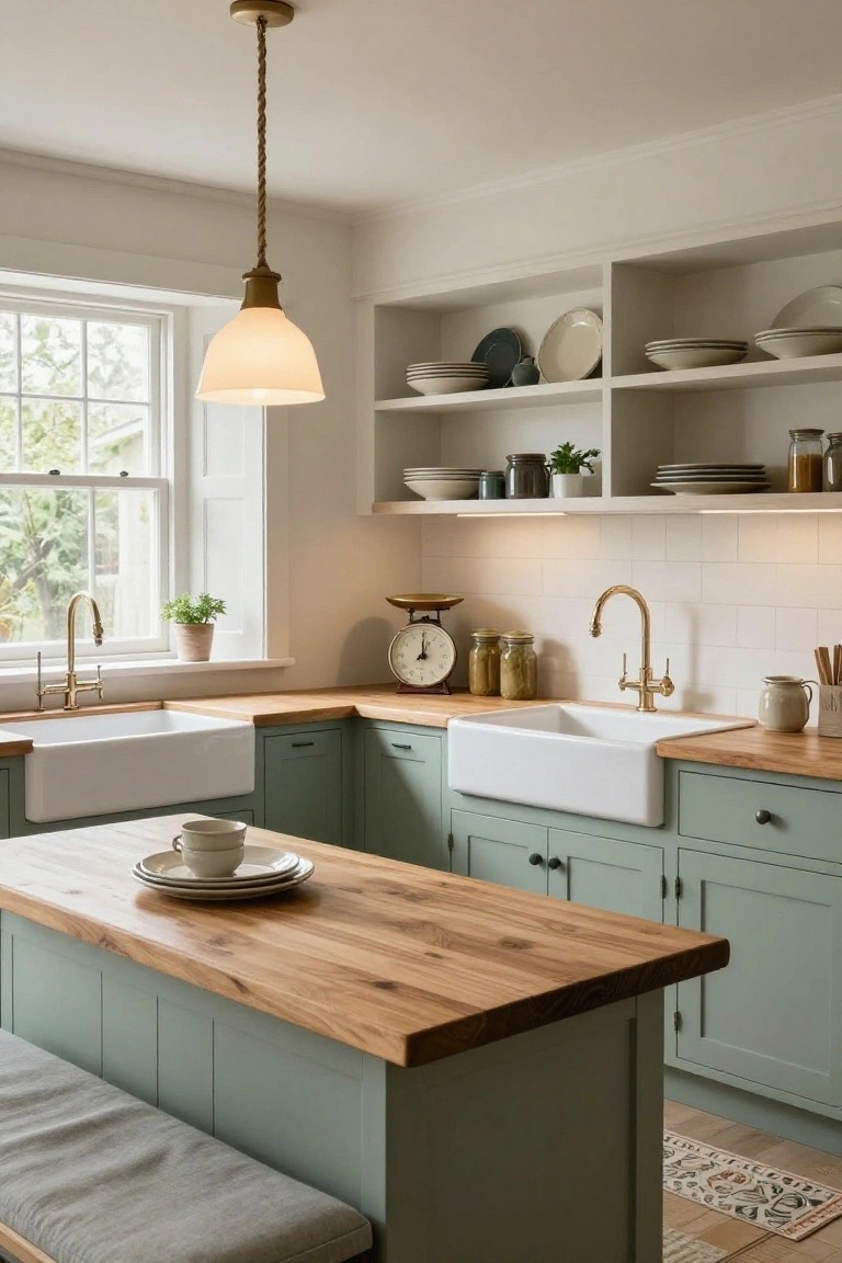 Kitchen interior with sage green lower cabinets, light oak wood countertops and island with bench seating, white farmhouse sinks, brass faucets, white subway tile backsplash, open white shelves with plates and jars, pendant light, and window with greenery outside.