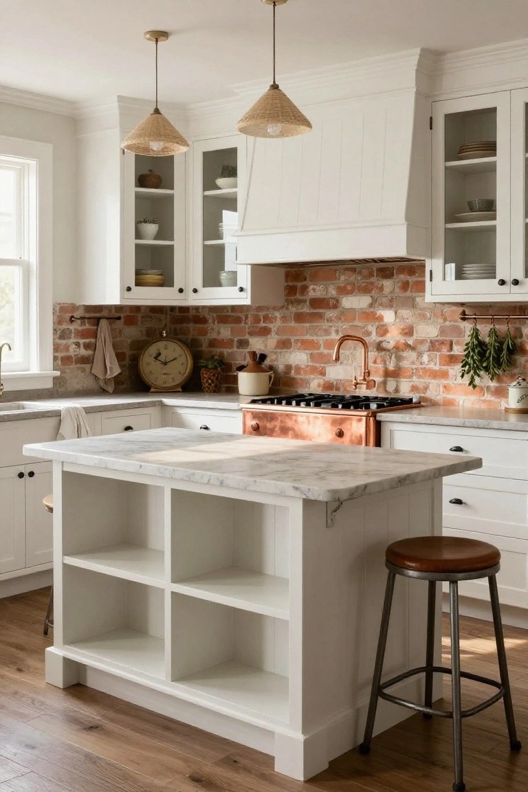 A modern kitchen with white shaker-style cabinets, glass-front upper cabinets, exposed red brick backsplash behind a copper range and faucet, rattan pendant lights, marble counters, and a white open-shelf island with a leather stool.