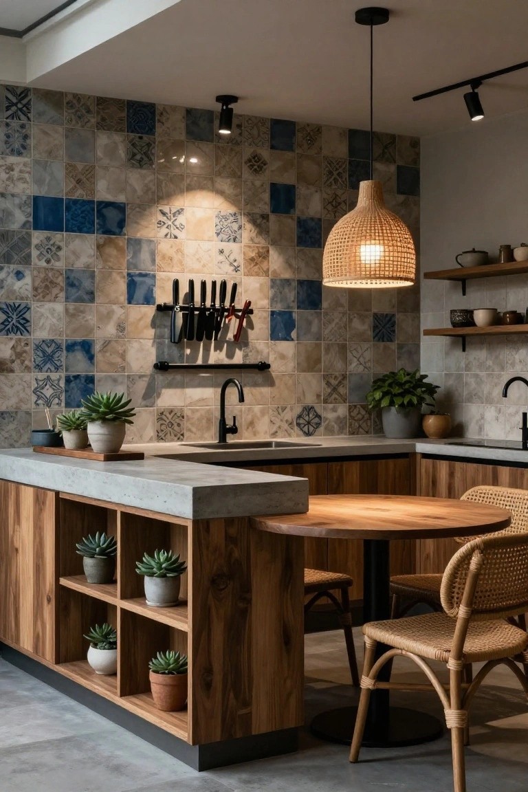 Modern rustic kitchen with light wood cabinets and open shelving, gray concrete countertop and sink, blue patterned tile backsplash, rattan chairs at round wood table, knife rack, and multiple potted succulents.
