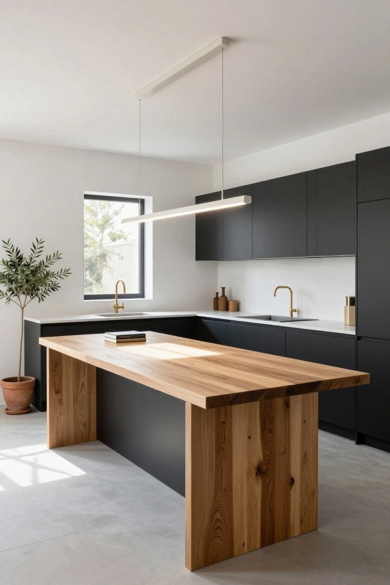 Modern kitchen featuring black matte cabinets, a large wooden island with natural grain, white countertops, gold faucets, linear pendant light overhead, and potted plants near a window.