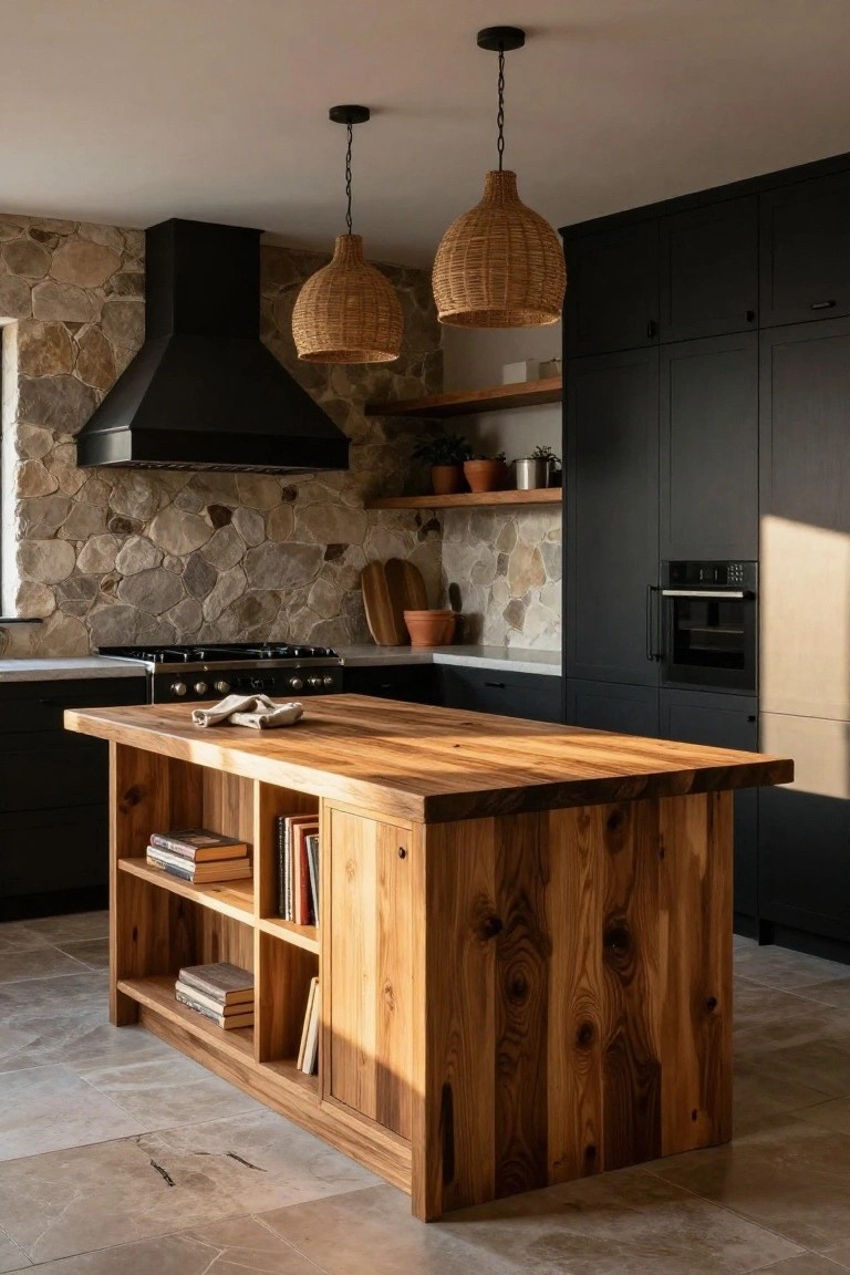 Modern kitchen with black cabinets, large wooden island featuring open shelving with books, stone accent wall behind gas range and hood, rattan pendant lights, and travertine tile floor.