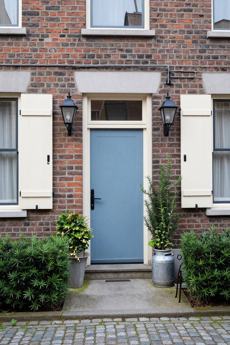 Brick house facade with light blue front door centered under a white stone lintel, flanked by cream shutters on windows, black lanterns, potted plants in metal containers, and low shrubs on a cobblestone walkway.