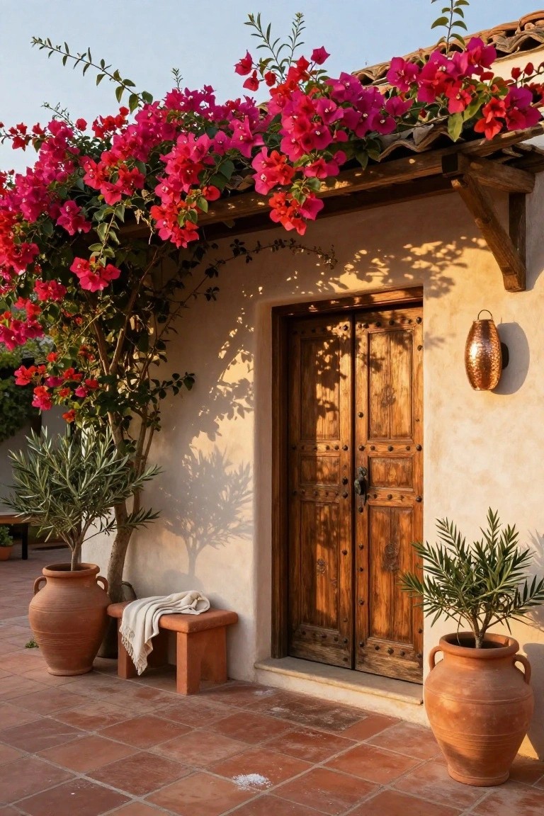 Rustic adobe house entrance featuring double wooden doors under a tiled roof overhang covered in pink bougainvillea vines, with potted olive trees, large terracotta pots, a small bench with a blanket, and tiled terrace flooring.