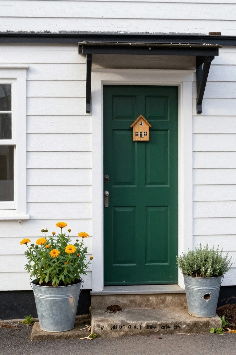 White clapboard house exterior featuring a green front door with a small wooden birdhouse hanging on it, flanked by a galvanized bucket of yellow-flowering plants on the left and another bucket of lavender on the right, on a small concrete stoop.