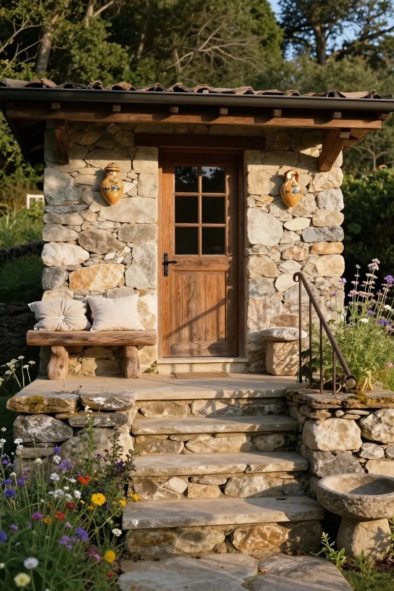 Small rustic stone building with wooden paneled door, wooden bench with two pillows beside it on stone steps, metal railing, flower pots, and surrounding wildflowers and greenery.