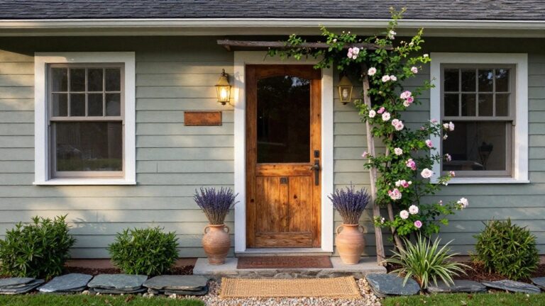 Sage green clapboard building exterior with dark wood arched front door featuring glass panel, flanked by brass lanterns, climbing pink roses on wooden pole, potted lavender in terracotta pot, seagrass doormat, and gravel ground with stone steps.