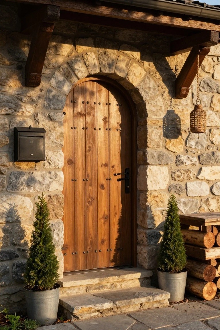 Arched wooden front door with iron hardware set in a stone wall, flanked by two metal bucket planters with small evergreen trees, a black mailbox mounted on the wall, woven hanging lantern, and firewood stack nearby.