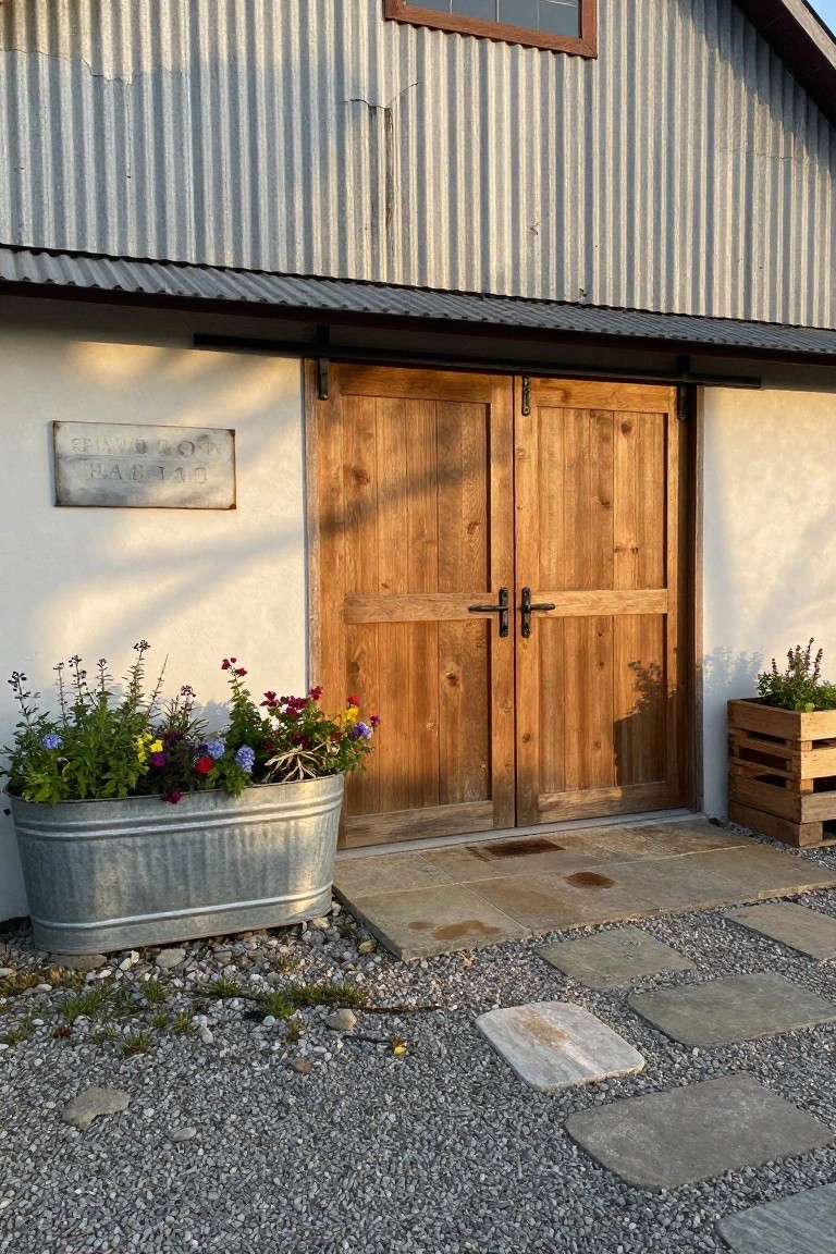 Exterior view of a rustic barn-style building entrance featuring large wooden sliding barn doors with black hardware, a metal 