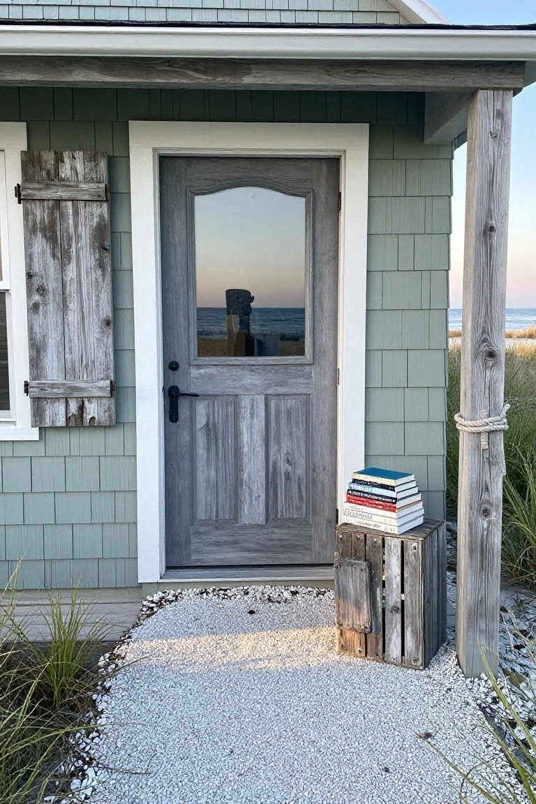 Gray paneled wood front door on a green shiplap beach cottage with open weathered shutters, a stack of assorted books on a wooden crate stool next to the door, porch post with rope, white pebble path, beach grass, and ocean view.