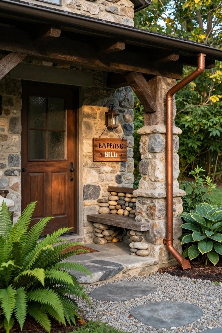 Rustic stone house entrance with double wooden door, glass panels, lantern light, wood sign reading Bapping Bill, copper downspout on stone pillar with built-in wooden bench and stacked round stones at base, ferns, hostas, and flagstone path.