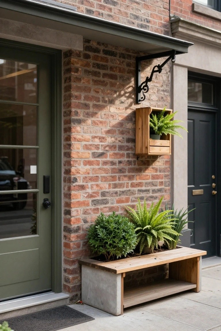 Brick townhouse entrance with green glass door, hanging wooden planter holding a fern, low wooden bench on concrete base filled with boxwood and ferns, beside a dark neighboring door.