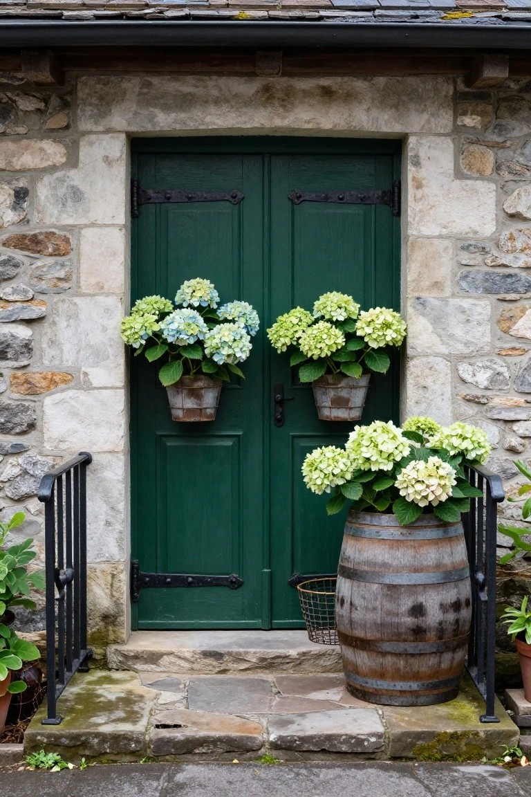 Stone house facade with dark green double doors flanked by white hydrangea plants in hanging rusted metal buckets, a wooden barrel planter with more hydrangeas to the right, iron railing, stone steps, and additional potted plants.