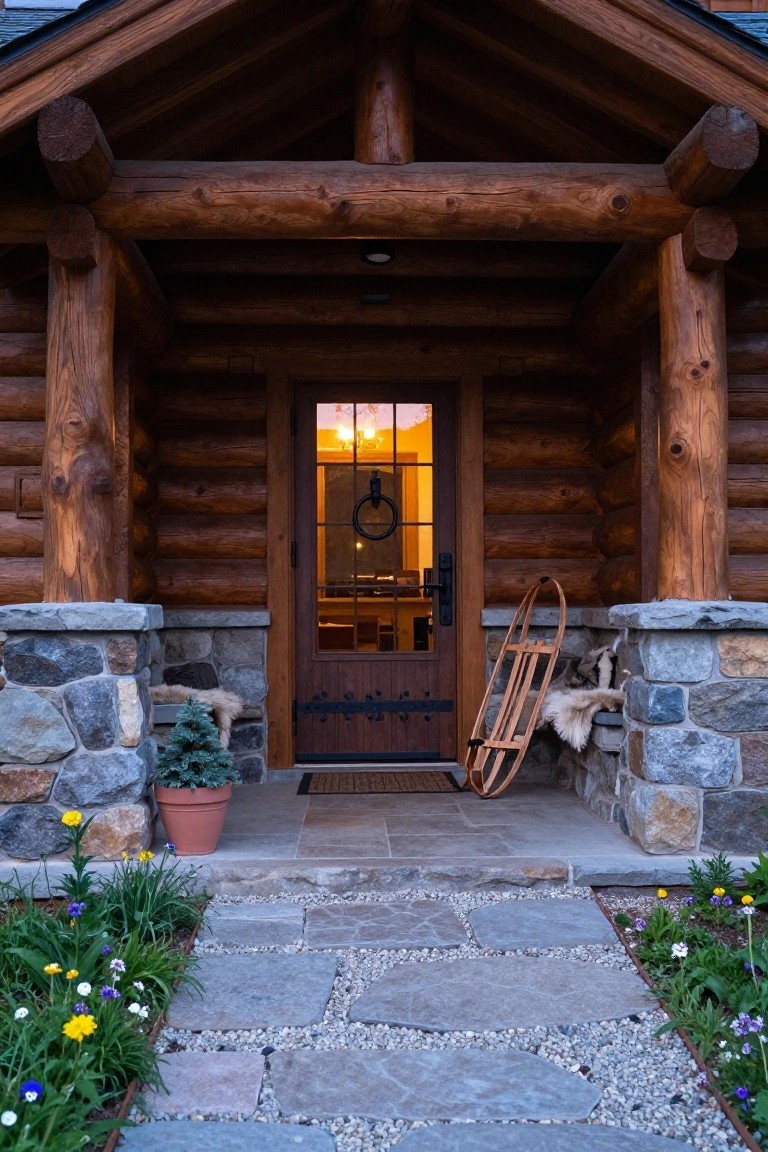 Rustic log cabin porch entrance with wooden skis leaning against a stone pillar, sheepskin rugs on pillars, wooden door with glass panels, and a flagstone path lined with flowers.