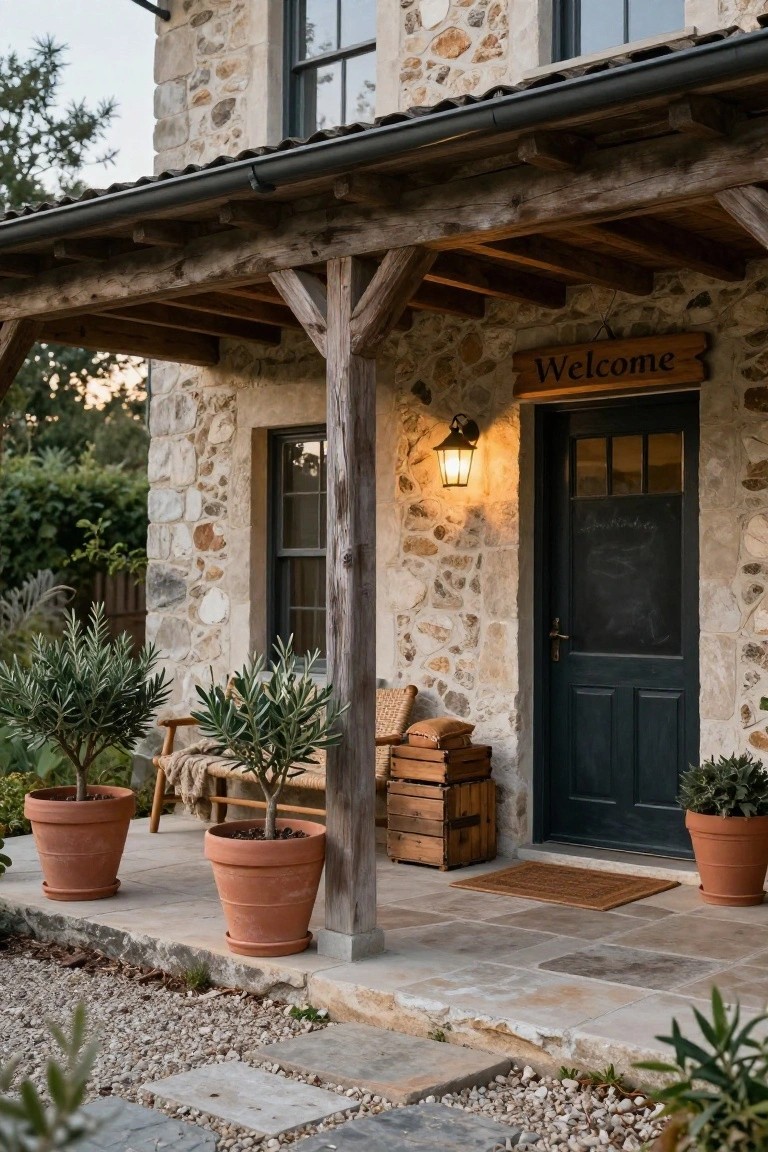 Rustic stone house front entrance featuring a covered wooden porch with exposed beams, dark green door, wall lantern, welcome sign, potted olive trees in terracotta pots, wooden crates, and gravel path.