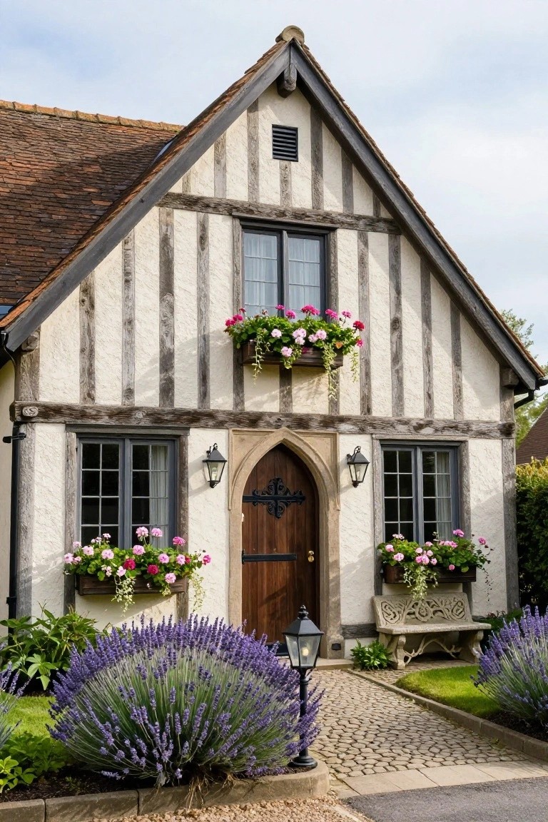 White half-timbered house facade with dark wooden beams, arched black door flanked by lanterns, flower boxes overflowing with pink geraniums on windows, and lavender bushes beside a cobblestone path.