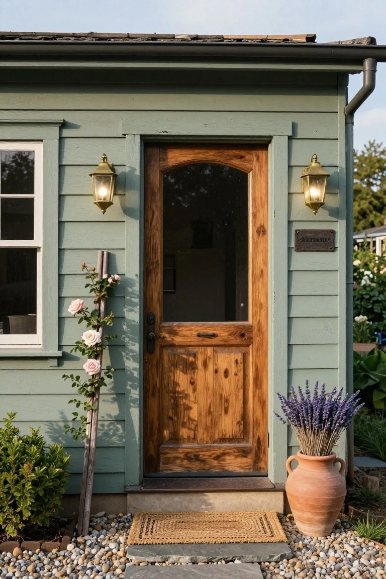 Sage green clapboard building exterior with dark wood arched front door featuring glass panel, flanked by brass lanterns, climbing pink roses on wooden pole, potted lavender in terracotta pot, seagrass doormat, and gravel ground with stone steps.