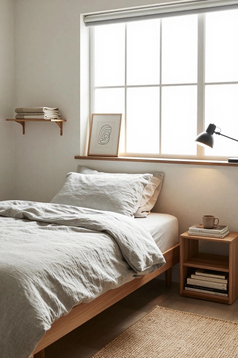 Minimalist bedroom with low oak platform bed covered in light gray linen bedding, matching wooden nightstand holding books and a mug of coffee, towels on wall shelf, abstract framed art, and large window with roller blind.