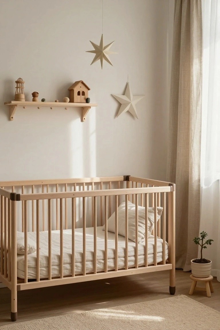 Light beige nursery room with wooden crib, white pillows and sheets, wooden shelves displaying small wooden toys and birdhouse, hanging paper stars, beige linen curtains, potted plant on wooden stool, and light wood floor.