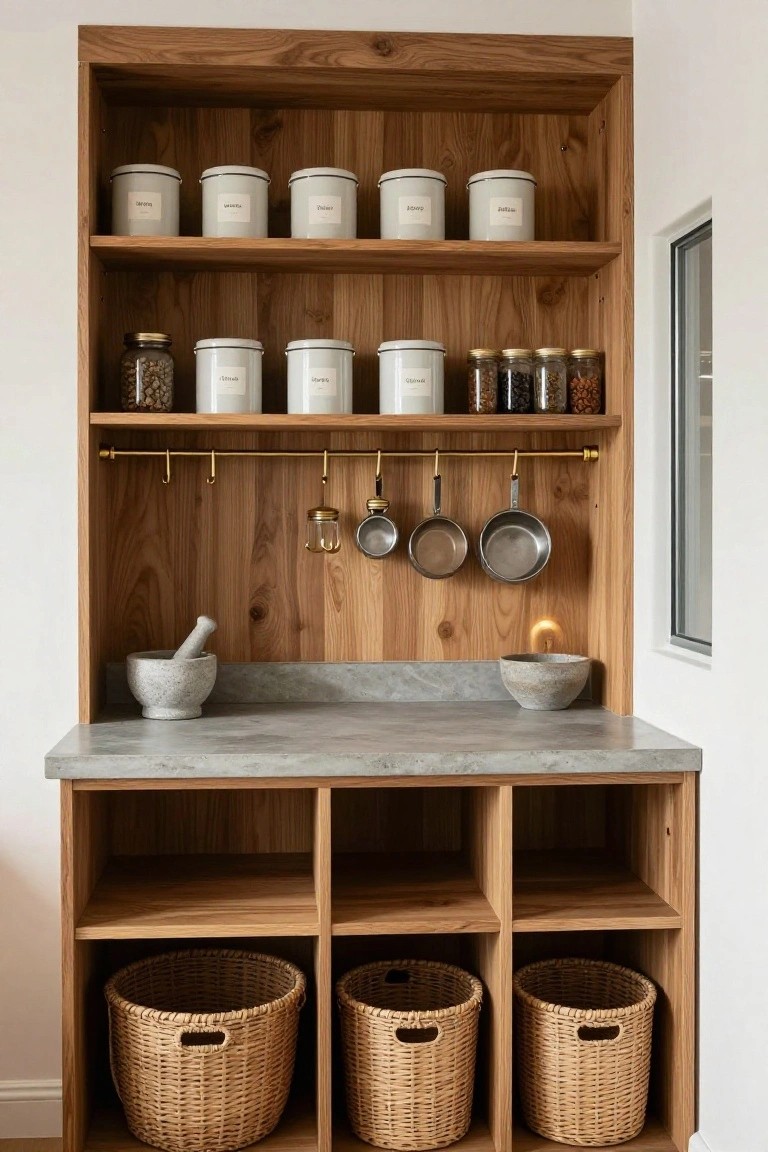 Wooden built-in cabinet with open shelves holding white labeled jars, glass spice containers, hanging brass pots and utensils, mortar and pestle, stone bowl, concrete countertop, and wicker baskets in lower compartments.