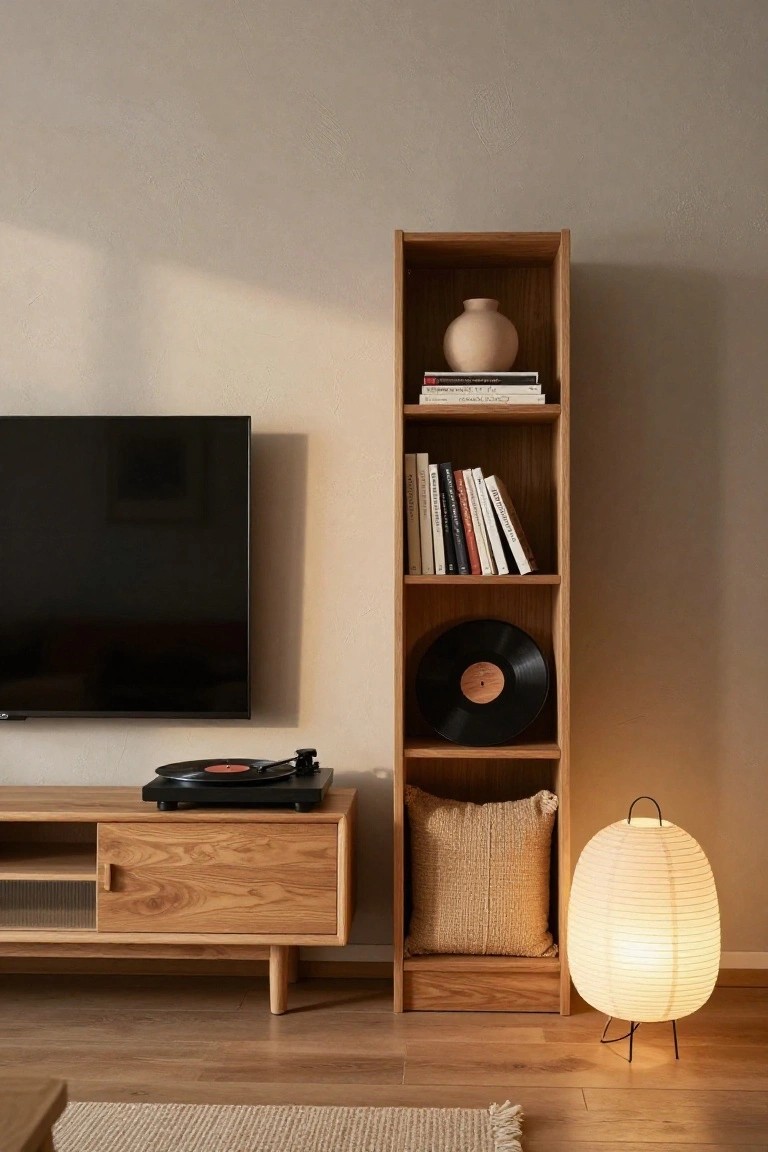 Tall wooden bookshelf next to a wall-mounted TV and wooden TV stand with turntable in a beige-walled living room with paper lantern lamp and beige rug on wood floor.