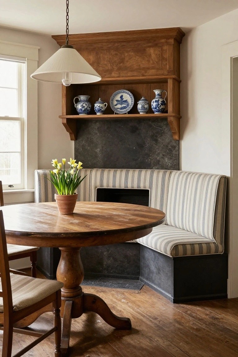 Kitchen nook with striped banquette seating wrapping around a corner slate fireplace, round wooden pedestal table with potted daffodils, wooden chairs, and overhead wooden shelves holding blue and white pottery and vases.
