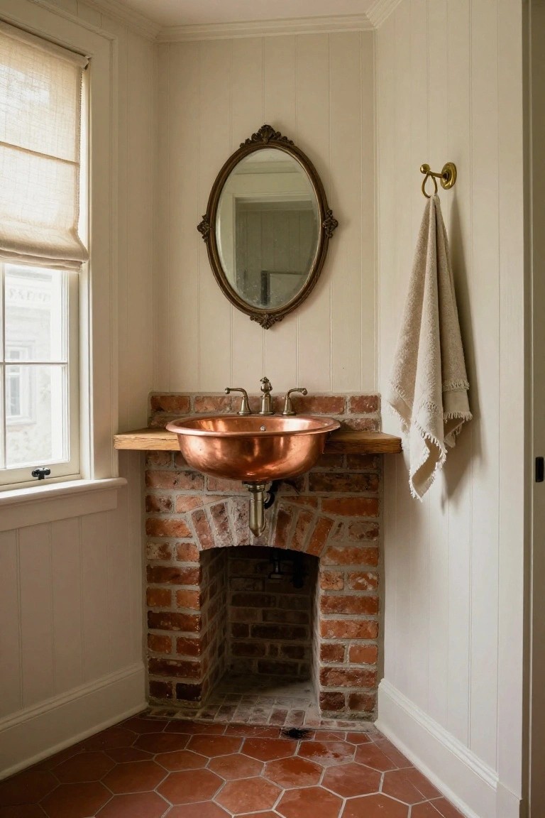 Corner bathroom with white beadboard walls, oval antique-style mirror, brass towel hook with linen towel, wooden shelf supporting hammered copper sink basin over exposed brick arch base, hexagonal terracotta floor tiles, and window with linen shade.