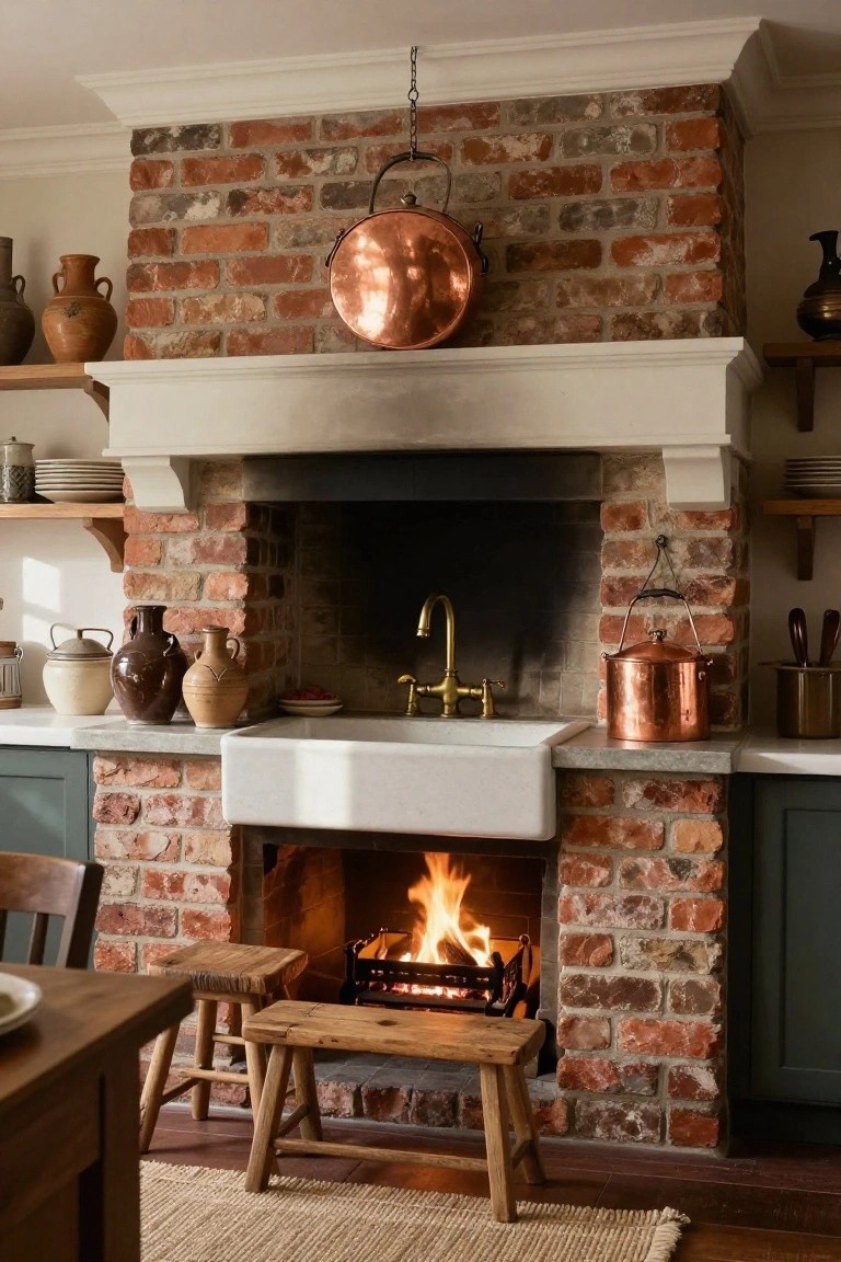 Kitchen interior with exposed brick fireplace built under a white farmhouse sink, flanked by green cabinets, copper pots and pottery on shelves, wooden stools, and a fire burning in the hearth.