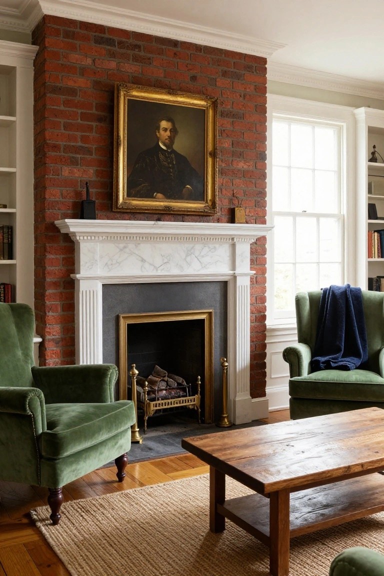 A living room interior with an exposed red brick fireplace wall, white marble mantel with fluted columns, gold fire tools, green velvet armchairs, wooden coffee table, and built-in bookshelves.