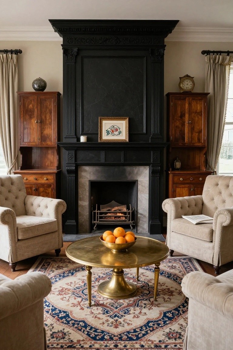 Living room with tall ornate black marble fireplace as centerpiece, flanked by wooden cabinets, two cream tufted armchairs around brass coffee table holding oranges, patterned rug, and tall windows with curtains.