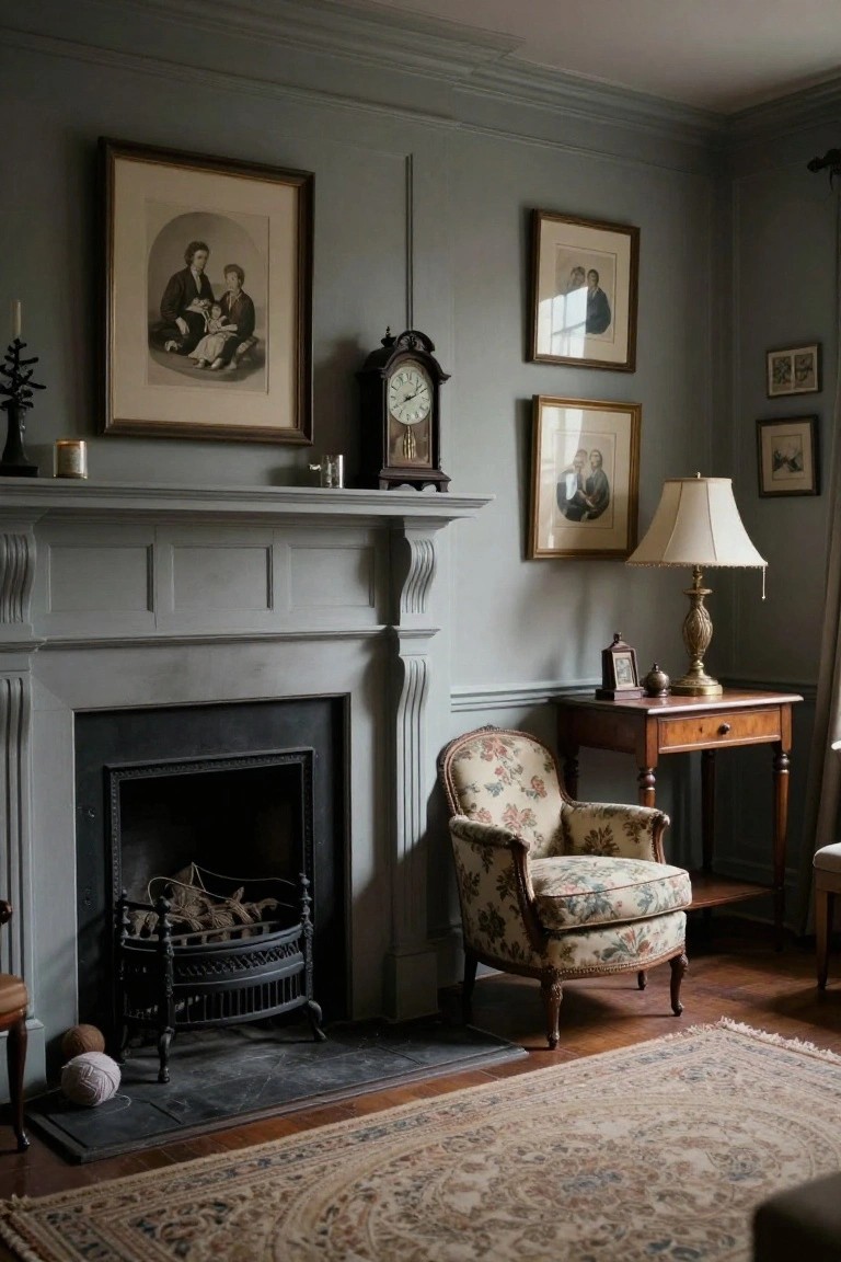Gray-painted paneled fireplace mantel in a soft gray room with antique clock on shelf, black fire grate with logs, floral armchair beside wooden table and lamp, framed portraits on walls, and patterned rug on wood floor.