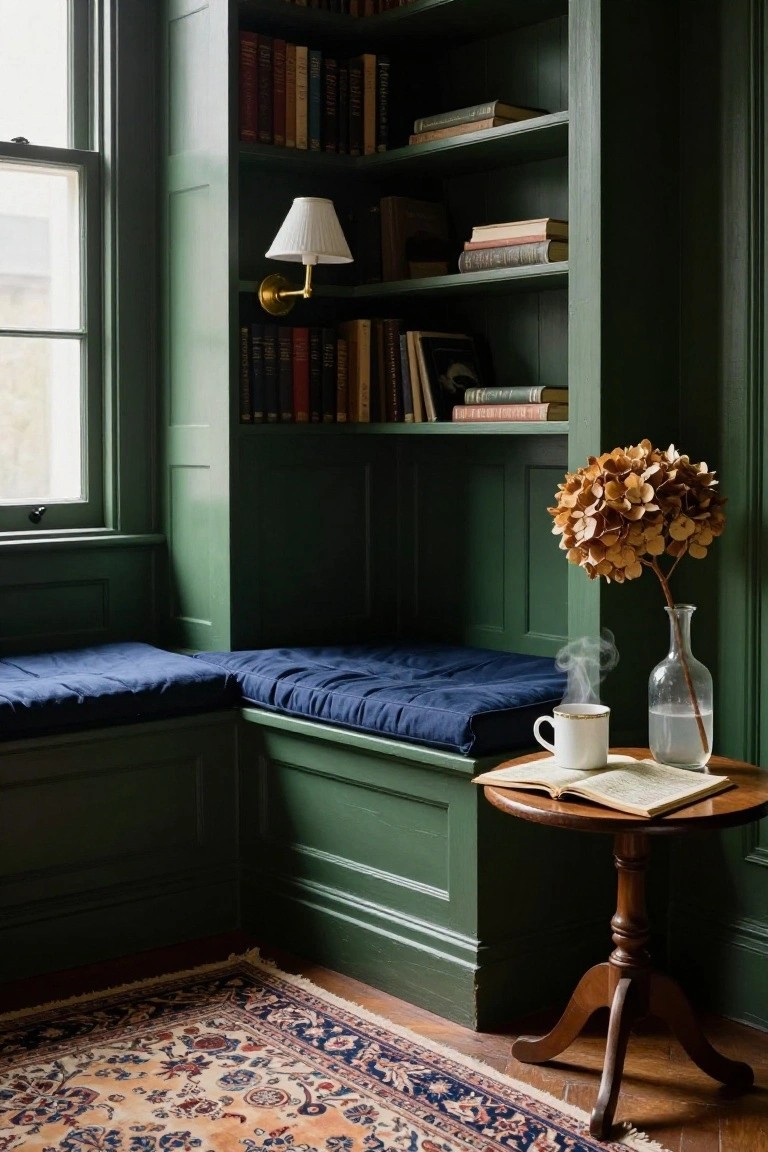 Green paneled corner room with built-in bookshelves, window seat topped with navy cushions, small round wood table holding a teacup and open book next to a vase of dried hydrangeas, and an open window.