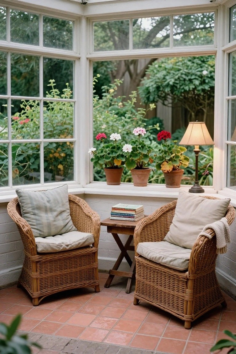 Two cushioned wicker armchairs facing each other across a small wooden table with stacked books in a glass conservatory, surrounded by large windows showing a garden, potted flowering plants on wide sills, a table lamp, and terracotta tile floor.