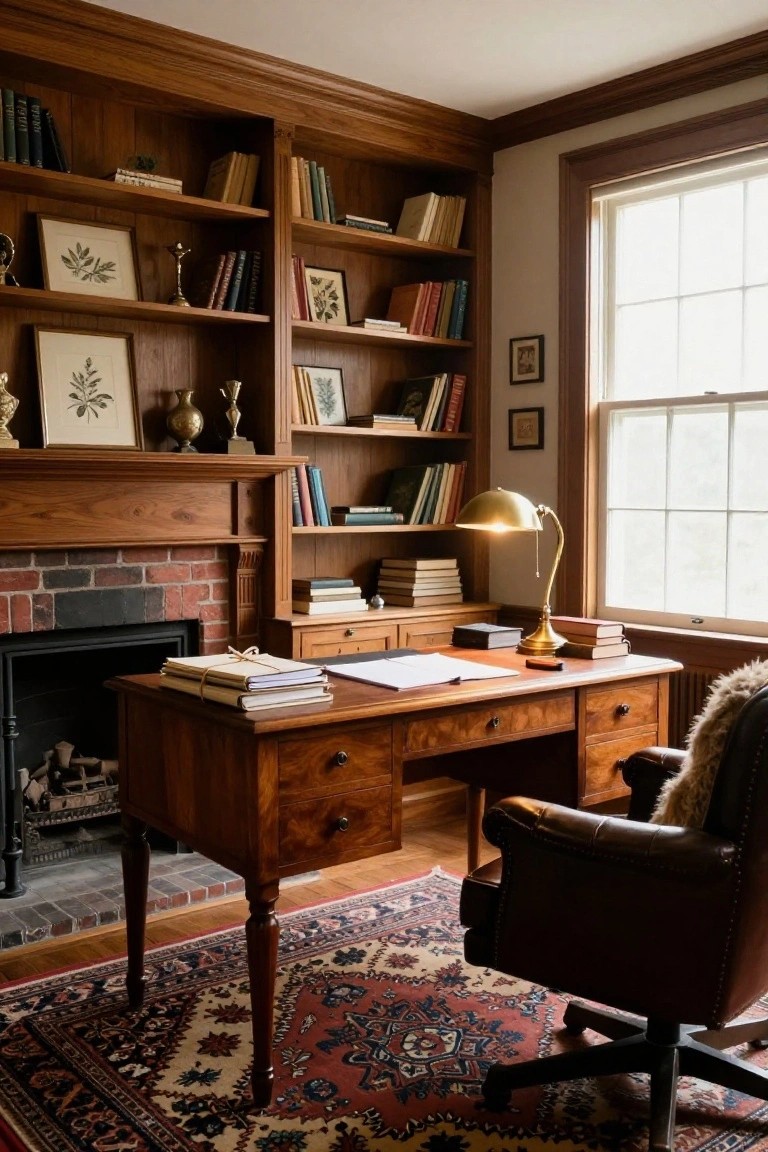 Wood-paneled study room with brick fireplace flanked by bookshelves, wooden desk with stacked papers and brass lamp, leather armchair with fur throw, and large window.