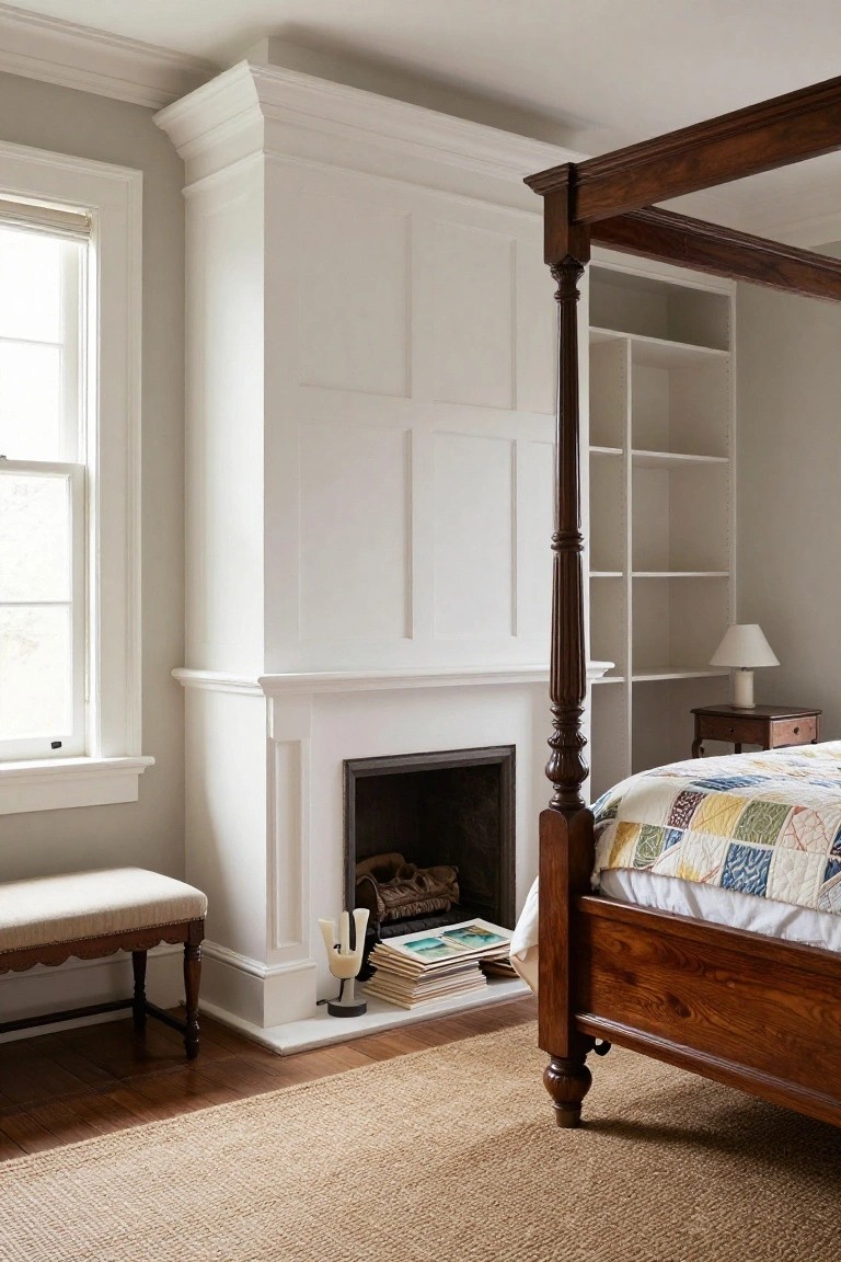 A Colonial-style bedroom with a white-painted fireplace mantel and firebox, wooden four-poster bed with patchwork quilt, built-in bookshelves, bench, and beige rug on hardwood floor.