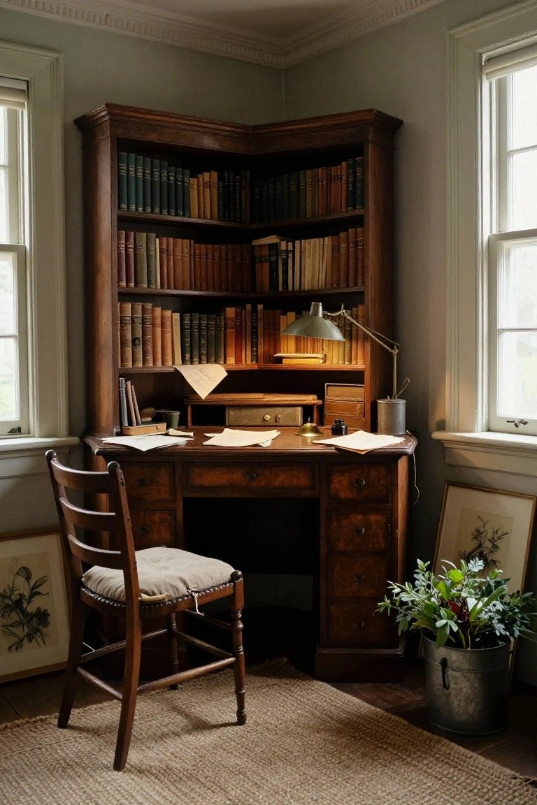 Sage green study room corner with white fireplace mantel, wooden writing desk and chair, wall bookshelves filled with books, desk lamp, potted plants in metal bucket, and window with blinds.