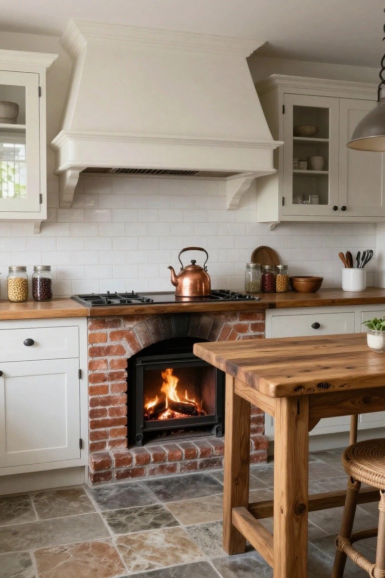 Kitchen with white cabinets, wood countertop gas range and copper teakettle, exposed brick arched fireplace containing burning logs, wooden table with stools, and stone tile floor.