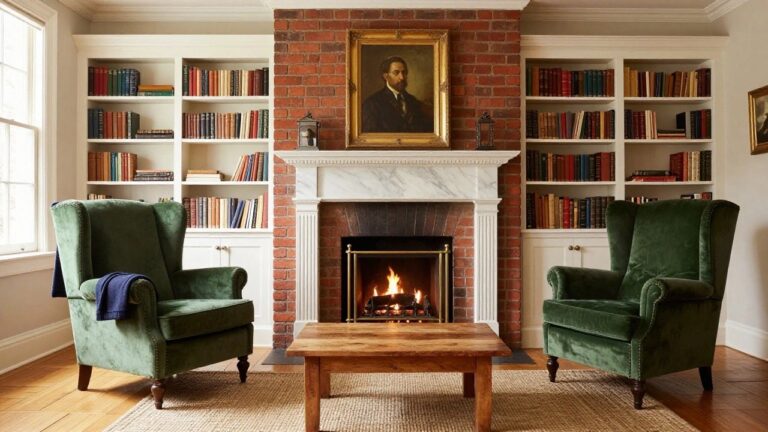 24 Beautiful Colonial Interior Design Fireplace Inspirations A living room interior with an exposed red brick fireplace wall, white marble mantel with fluted columns, gold fire tools, green velvet armchairs, wooden coffee table, and built-in bookshelves.