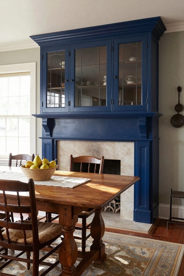 Dining room with tall navy blue painted wooden hutch and cabinets built around a tiled fireplace mantel, wooden dining table with wicker basket of pears and wooden chairs on an oriental rug