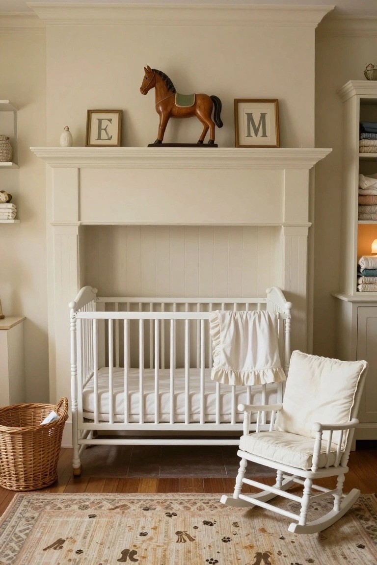 Nursery room with white crib, rocking chair, woven basket, beige fireplace mantel holding wooden horse and framed letters E and M, neutral walls, and patterned rug on wood floor.